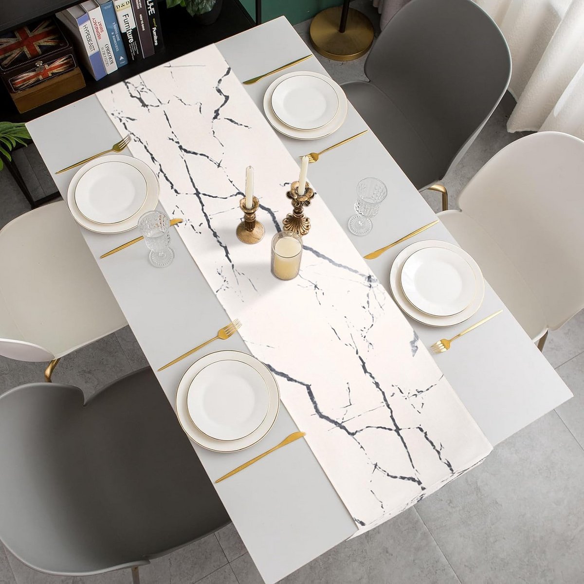 Linnen Tafelloper Abstract Marmer Patroon voor Eettafel en Salontafel - 40 x 140 cm