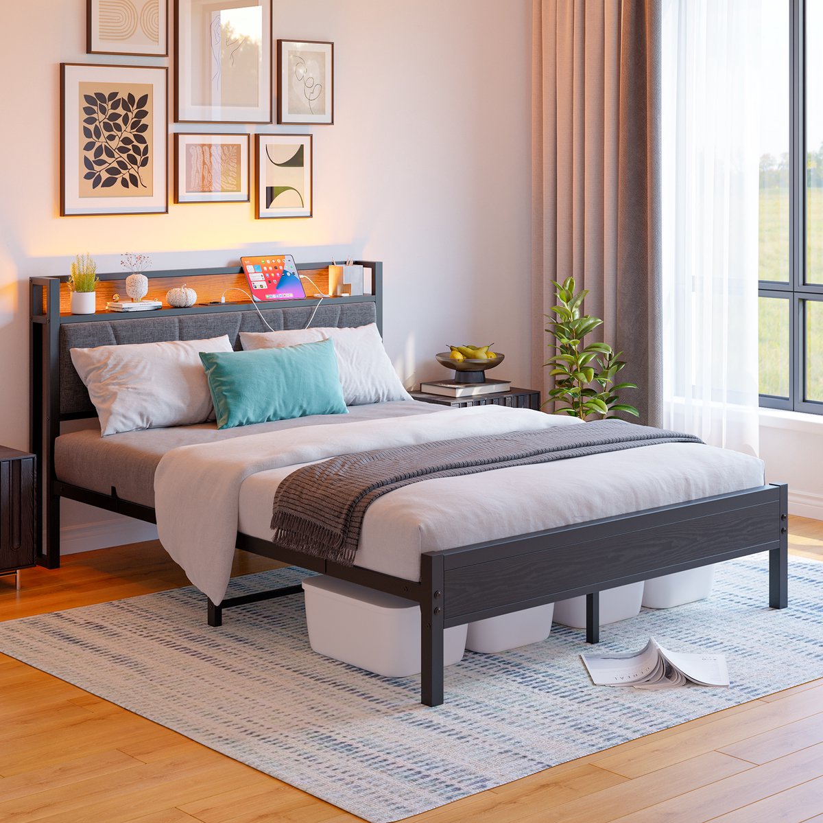 MODFU Bedframe 140x200 cm – zwart MDF/metaal – hoog gestoffeerd hoofdbord, LED en USB