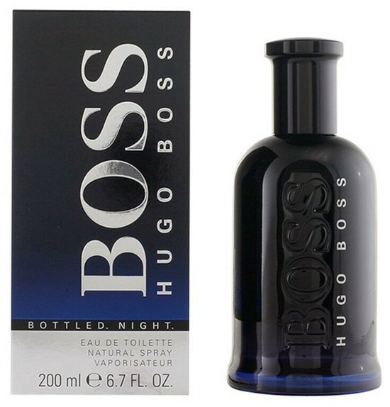 Zwarte Hugo Boss Bottled Night eau de toilette fles van 200ml en doos met zilveren opdruk.