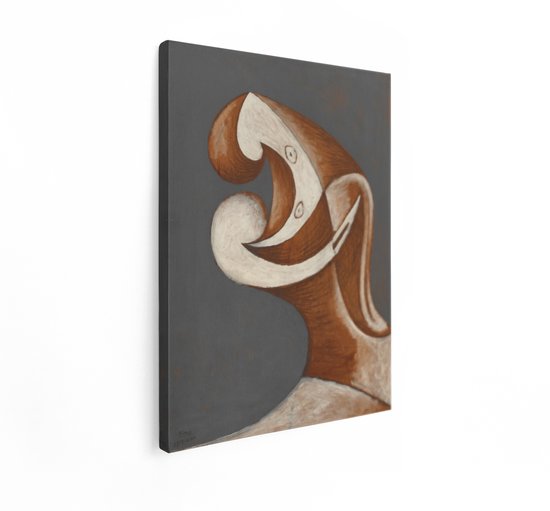 Peinture abstraite sur toile avec des formes marron et blanches sur fond gris, vue de côté.