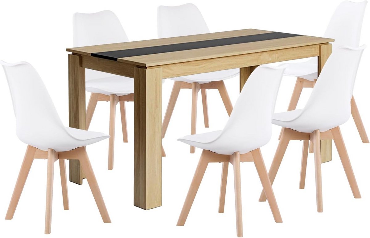 Complete Eetkamerset met Tafel en 6 Stoelen - Rechthoekige Houten Tafel voor Woonkamer en Keuken