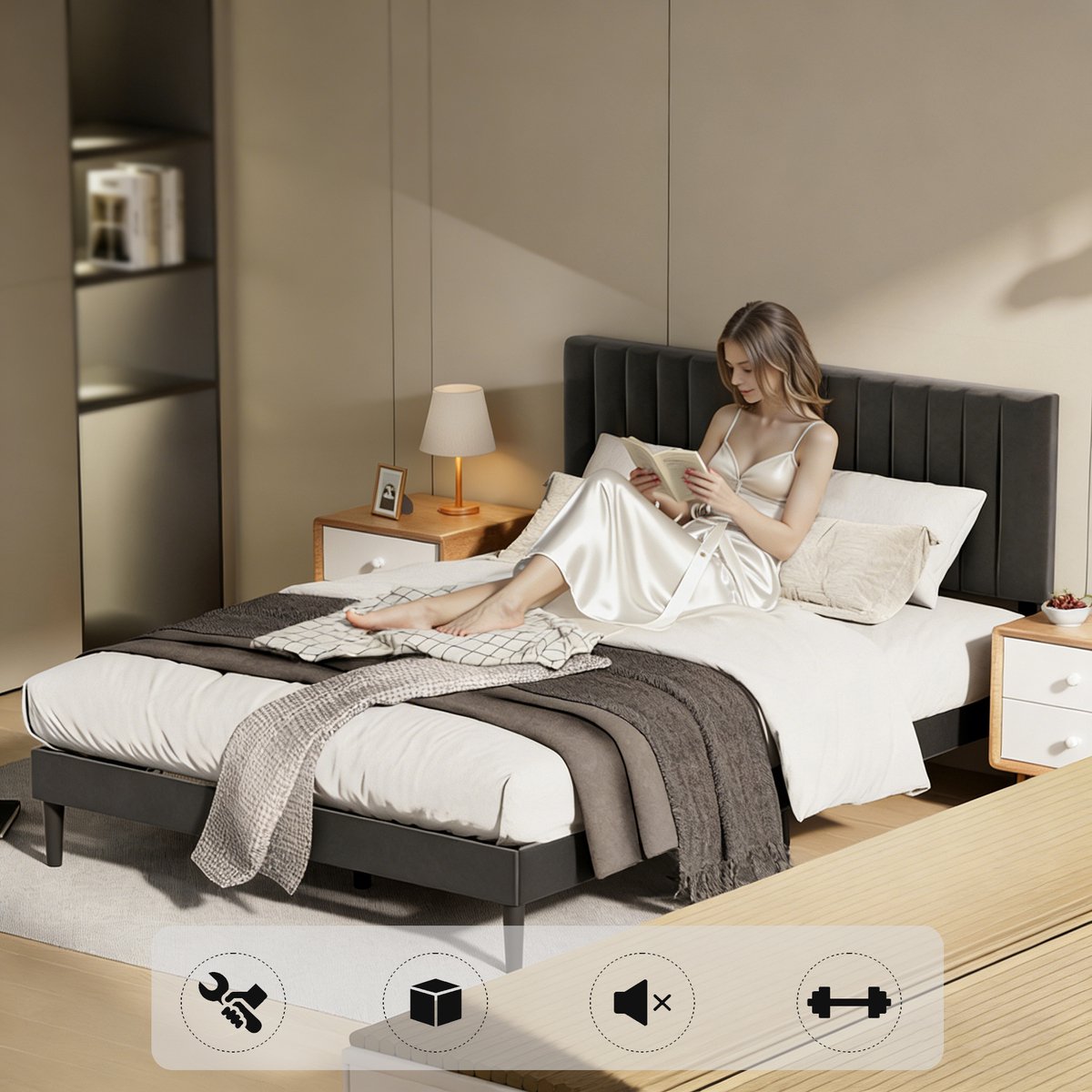 KUTAS Gestoffeerd Tweepersoonsbed 140x200 cm - Metalen Bedframe - Gestoffeerd Bed - Met Hoogte Verstelbaa Hoofdbord en Lattenbodem - Met Opbergruimte Onder Bed - Minimalistisch Bedframe - Zwart