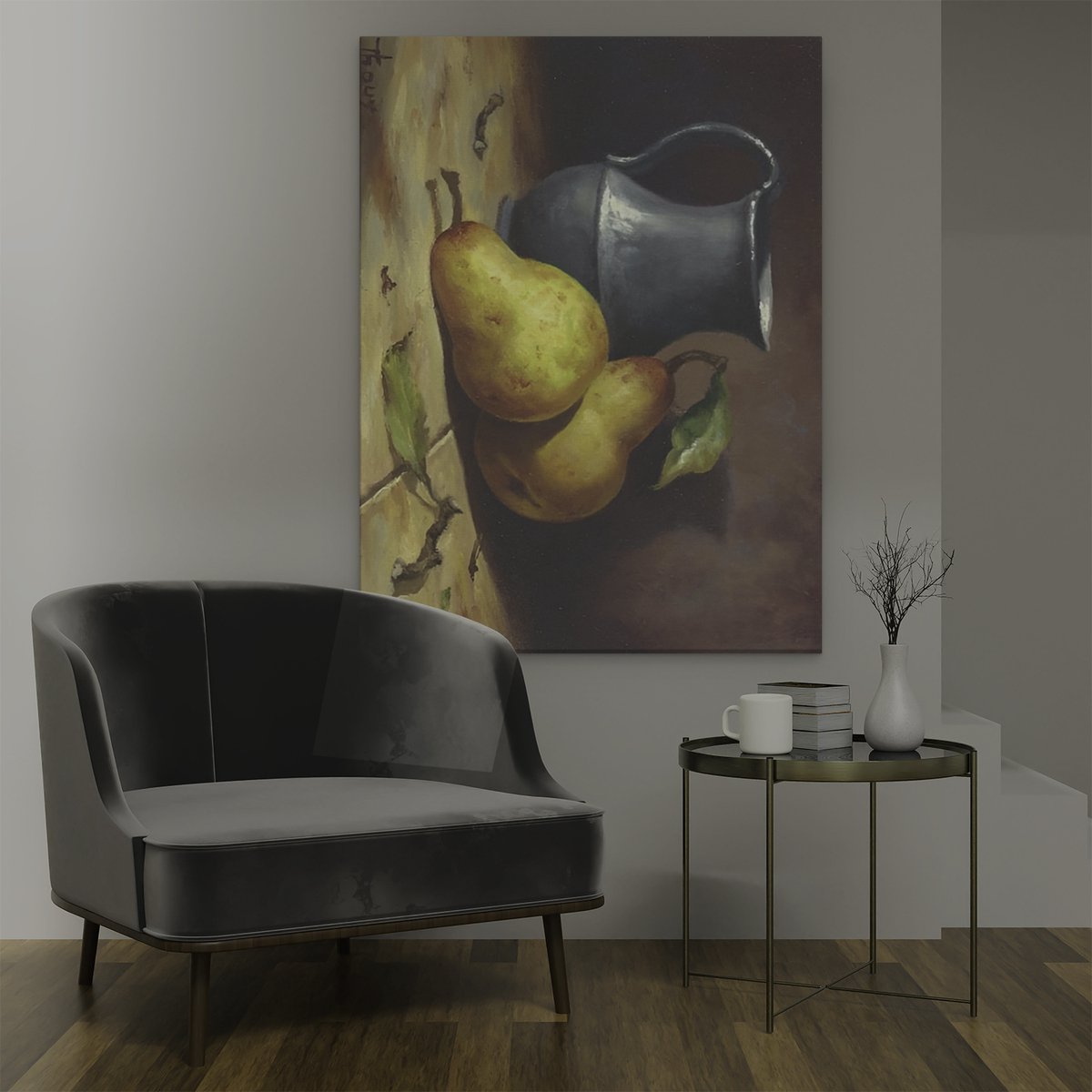 Artaza Canvas Schilderij Stilleven Peren - 90x120 cm - Wanddecoratie Klassiek Olieverf - Muurdecoratie Woonkamer - Decoratie Fruit