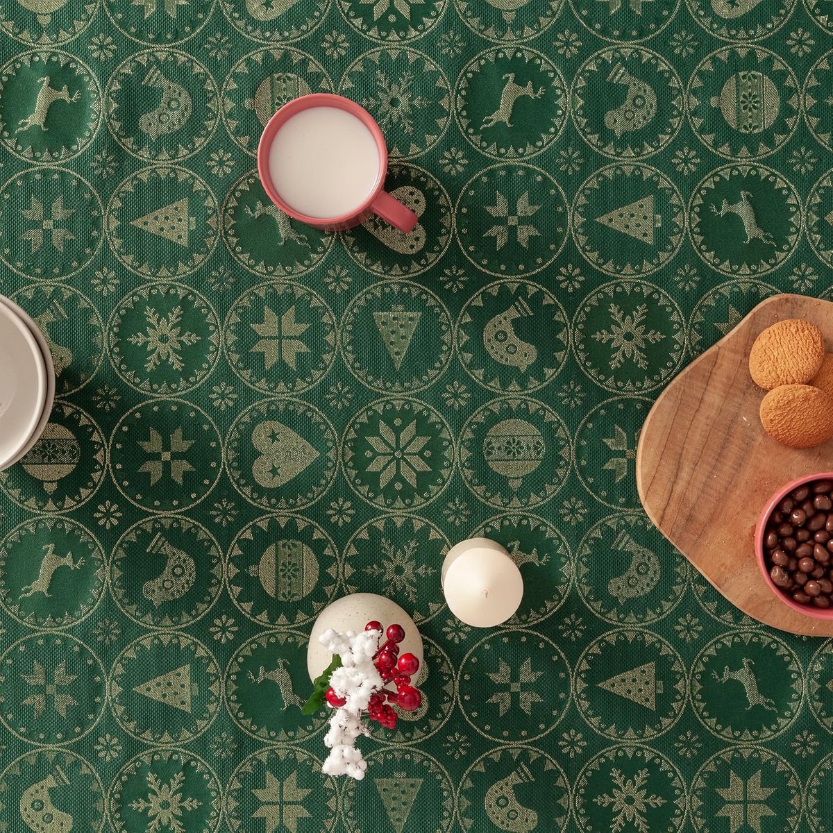 Luxe Kerst Tafelkleed Groen/Goud Jacquard Rechthoekig Katoen-Polyester 140x300 cm