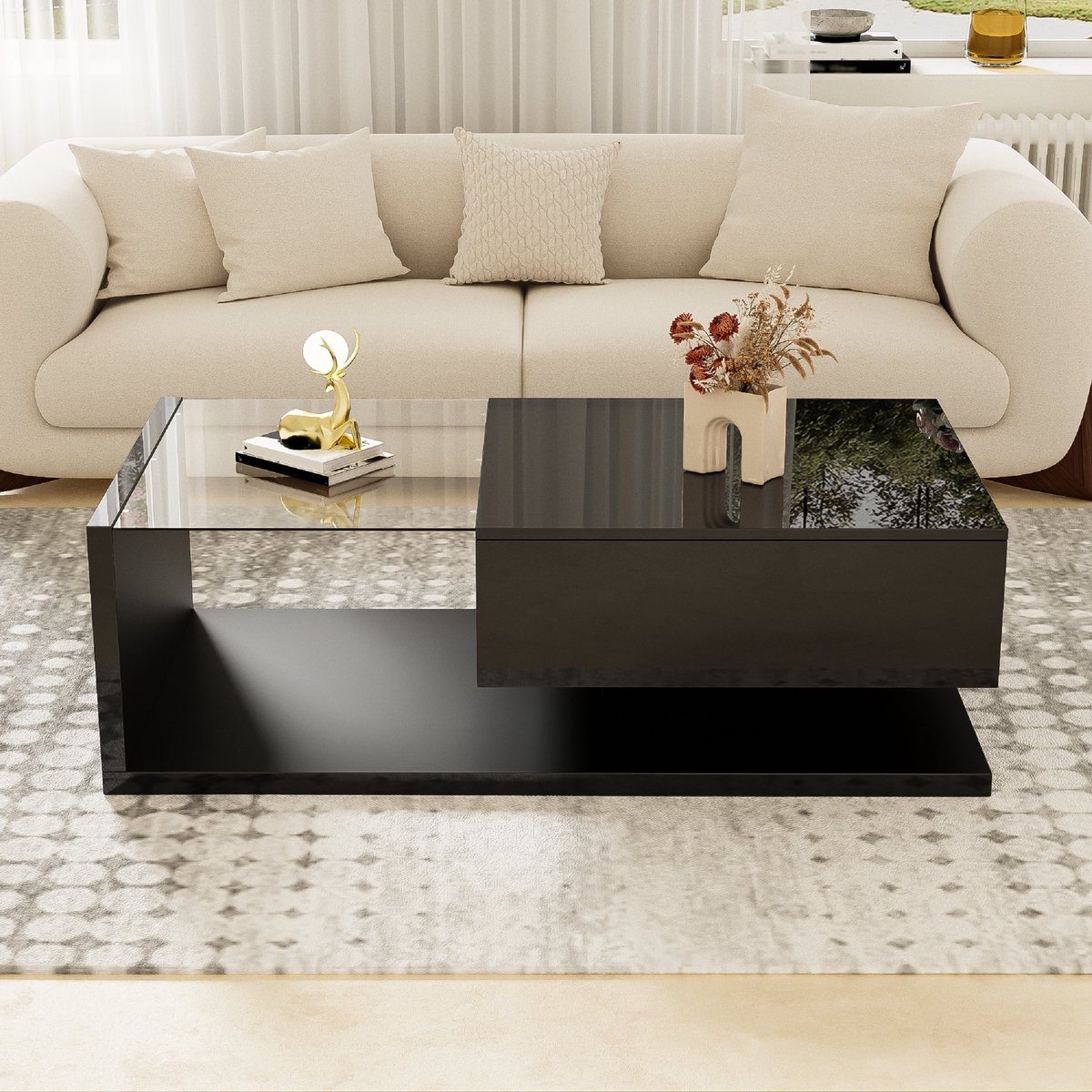 VVBV Salontafel van 90 cm langglanzend zwart. Bijzettafelssalontafels met glas en LED-effect