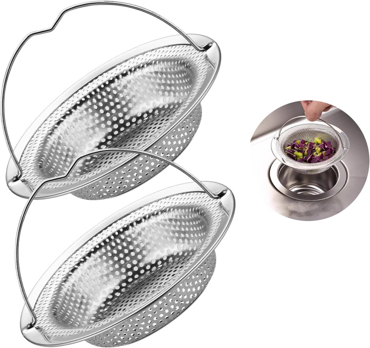 2x Roestvrijstalen Spoelbakfilter met Hendel - Zeef voor Keuken & Douche - Voorkomt Verstoppingen