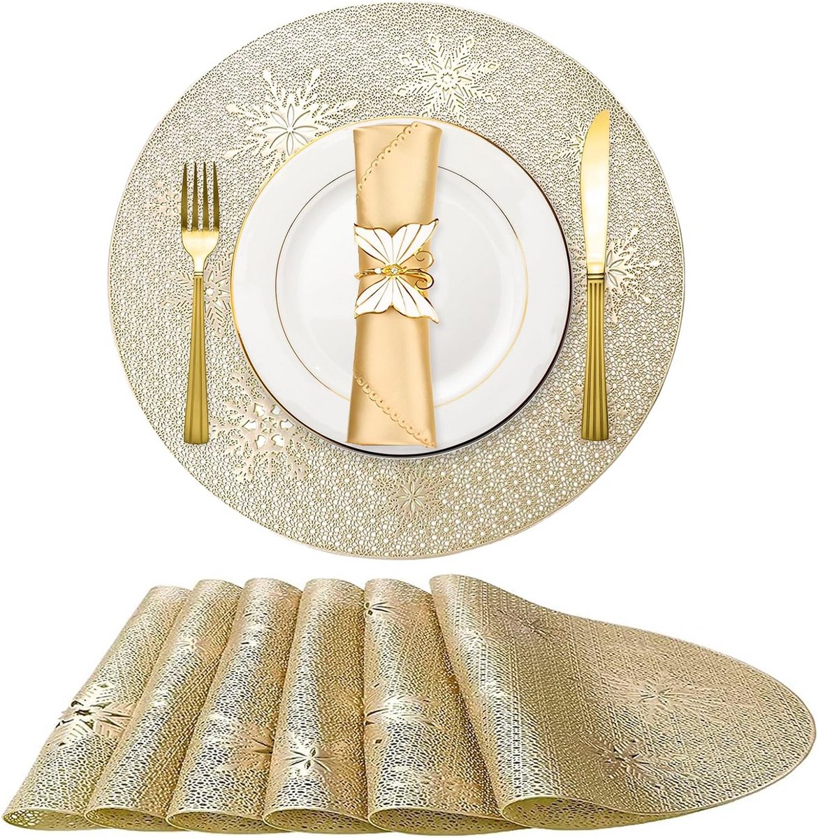 Set van 6 ronde placemats goud met sneeuwvlokken - Hittebestendig en antislip