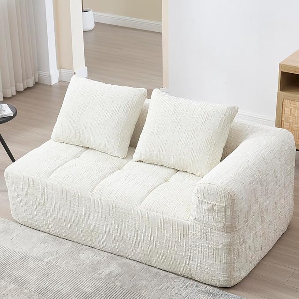 Luxe Chenille 2-Zitsbank met Zijzakken – Comfortabele Slaapbank Zonder Montage – Moderne Bank voor Woonkamer – Zachte Stoffen Sofa – Beige House&Garden