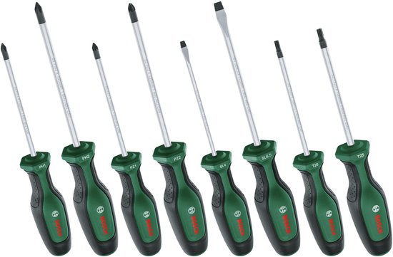 Bosch schroevendraaierset: 7 schroevendraaiers met groene handgrepen, diverse maten en types, waaronder PH1, PH2, PZ1, PZ2, SL4, SL6.5, T20, T25.