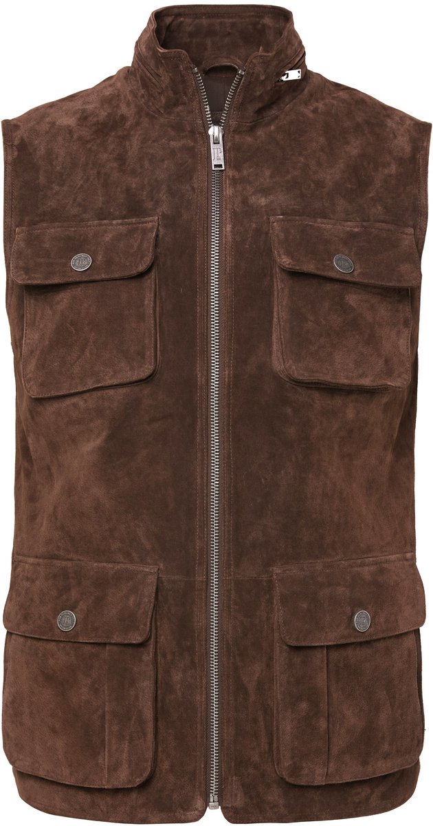 JP 1880 - Heren - Leren gilet leer stevig pigsplit suède opstaande kraag - Bruin - Maat 7XL