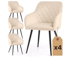 Set van 4 Eetkamerstoelen VELTO met Armleuningen / Gestoffeerde Stoelen / Fluwelen Stoelen en Metalen Poten / Beige met zwarte benen