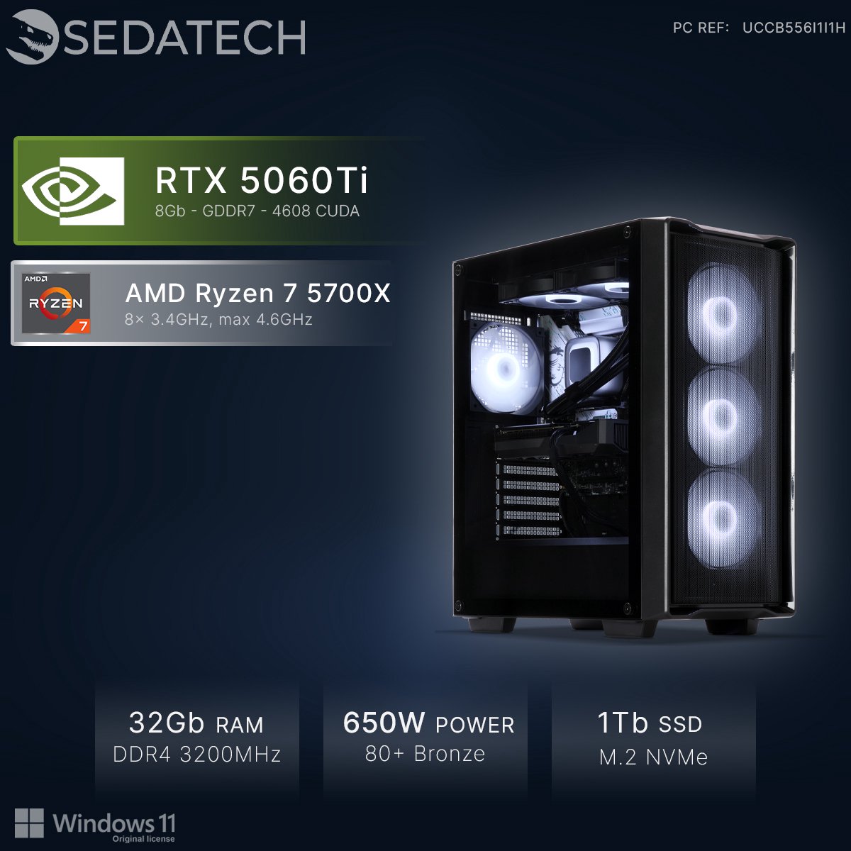 Sedatech Advanced Gaming PC Waterkoeling Compact • AMD Ryzen 7 5700X 8x 3.4GHz • Geforce RTX5060Ti • 32Gb RAM • 1Tb SSD M.2 • WiFi • Windows 11 • Desktop computer thumbnail 3