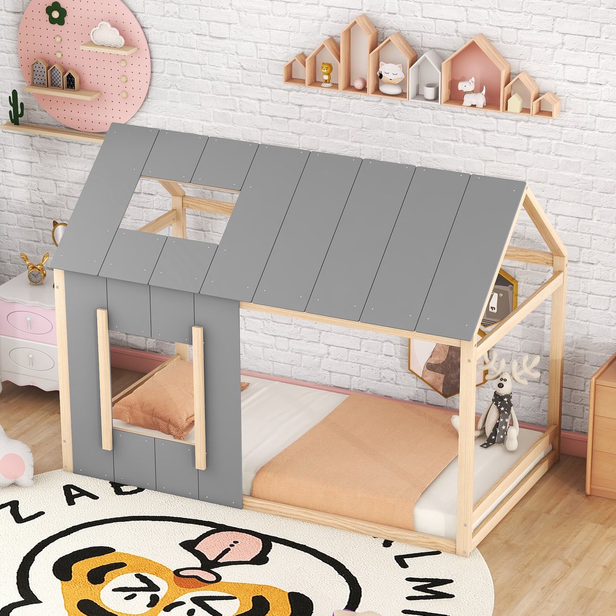 MIVRAY Kinderbed 90x200 cm - Huisvorm Met Dak En Raam - Te Decoreren Open Bedframe - Grenenhout En MDF - Naturel Grijs - Zonder matras