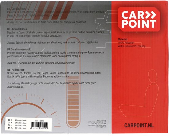 Achterkant verpakking "CAR POINT" met productinformatie en afmetingen voor autohoezen.