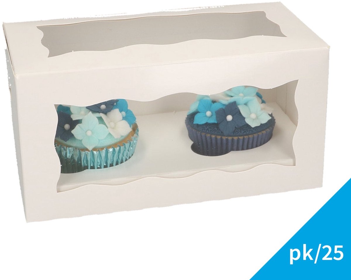 FunCakes Cupcake Doos voor 2 Cupcakes of Muffins - Wit - 25 Stuks - Cupcake Bewaardoos