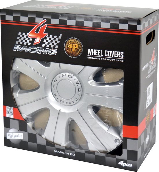 Doos met 4 zilveren "RACING" wieldoppen. "High quality" en "MADE IN EU".