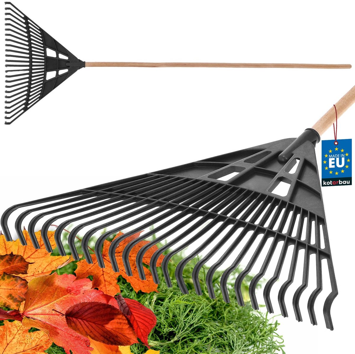 KOTARBAU® Bladhark, Tuinhark van Kunststof, 61 cm, Zwart, met Steel, Gazonhark, Waaierbezem, Lichtgewicht Hark, Stevige Hark,