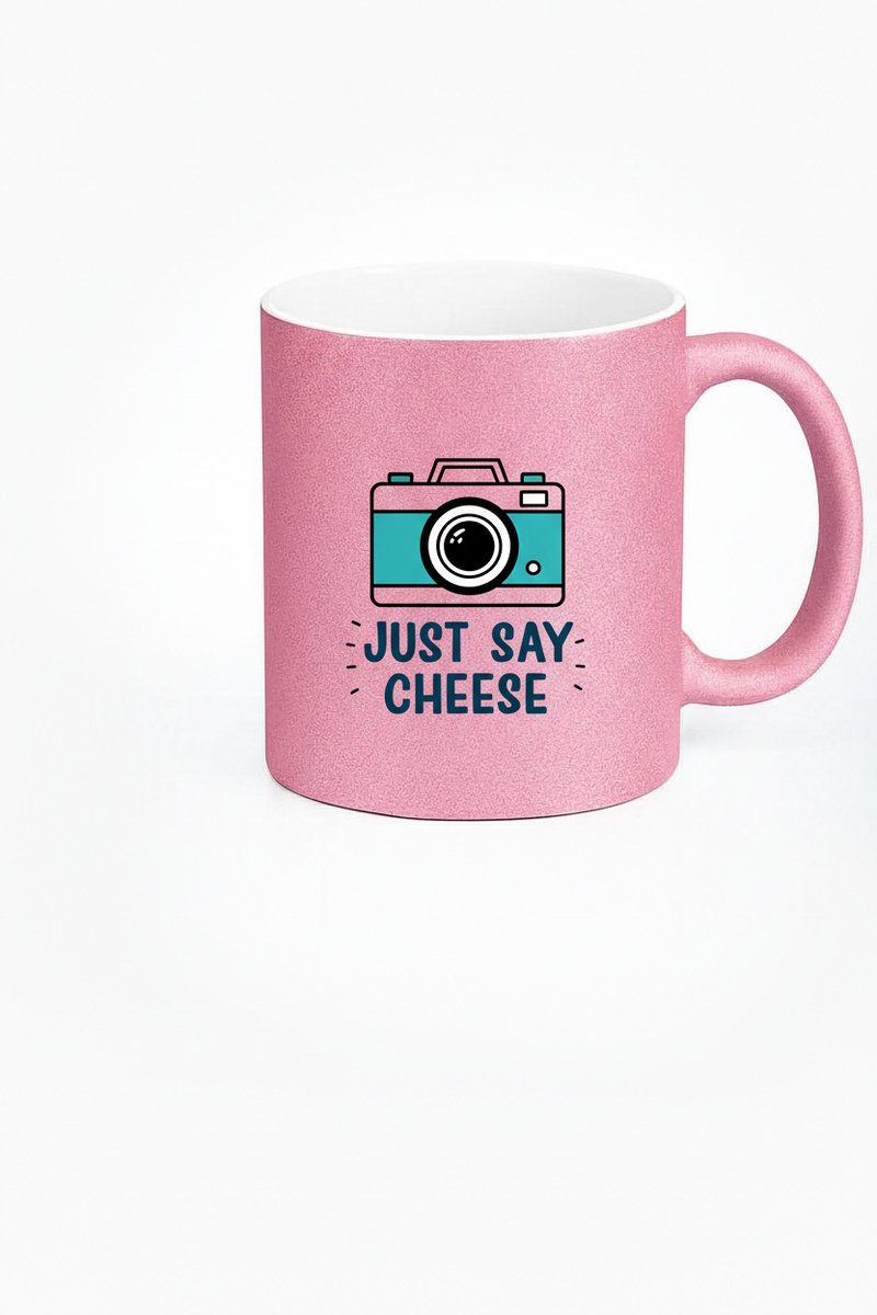 Just Say Cheese" Mok - Roze Glitter Camera Koffiemok