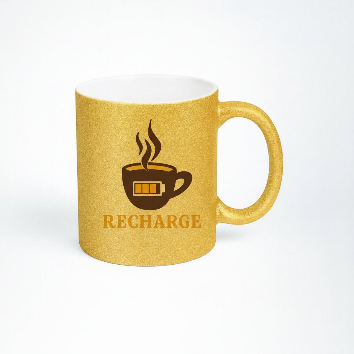 Recharge Koffie Mok - Gouden Glitter Mok met Batterij Ontwerp voor Energieboost