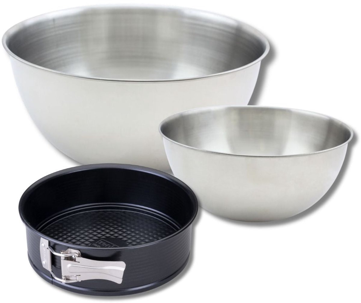 Set met 1 springvorm van 20 cm, 1 spatel Zenker en 2 roestvrijstalen mengkommen Fackelmann