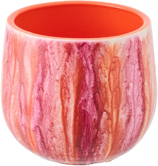 Pot de fleurs en céramique avec un motif dégoulinant dans des tons rose et orange.