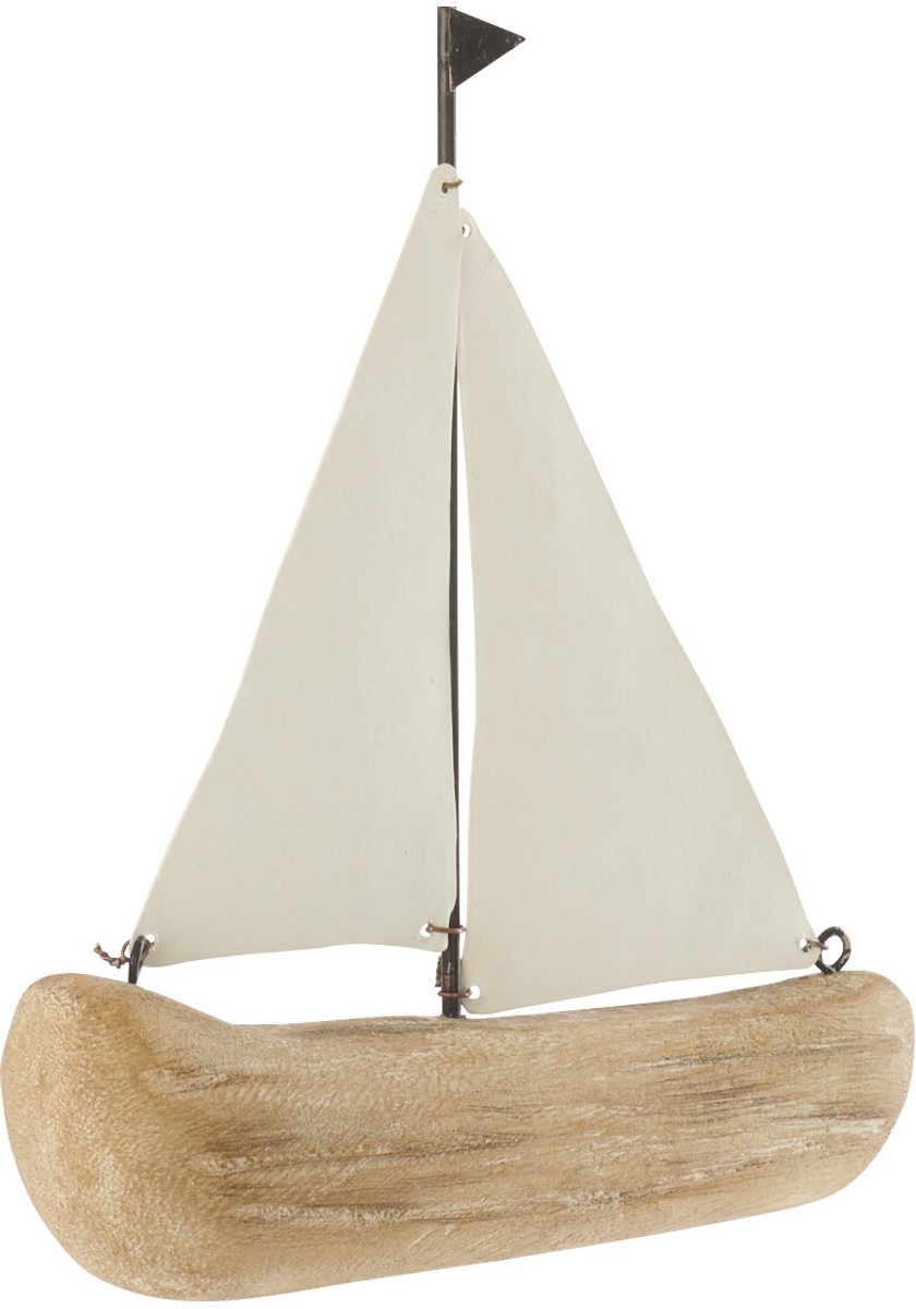 J-Line decoratie Zeilboot - hout - naturel/wit - small - 2 stuks