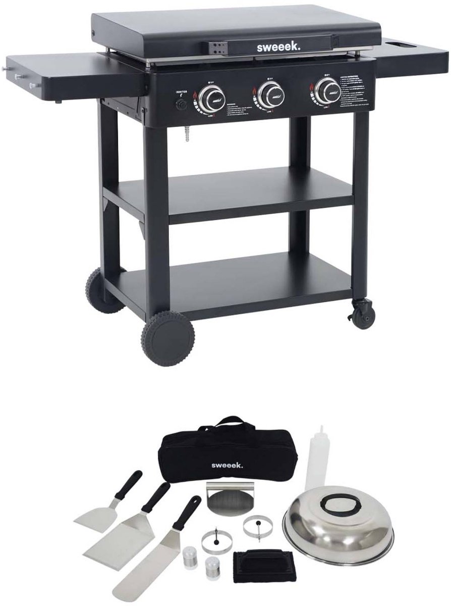 sweeek - Gasplancha 3 branders roestvrij staal 12kw met trolley en kookgerei - raoul