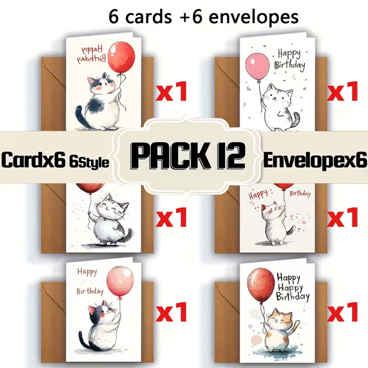 Verjaardagskaarten Kat Set 12 Stuks | Schattige Katten Wenskaarten met Enveloppen | Cute Birthday Cards Cadeau