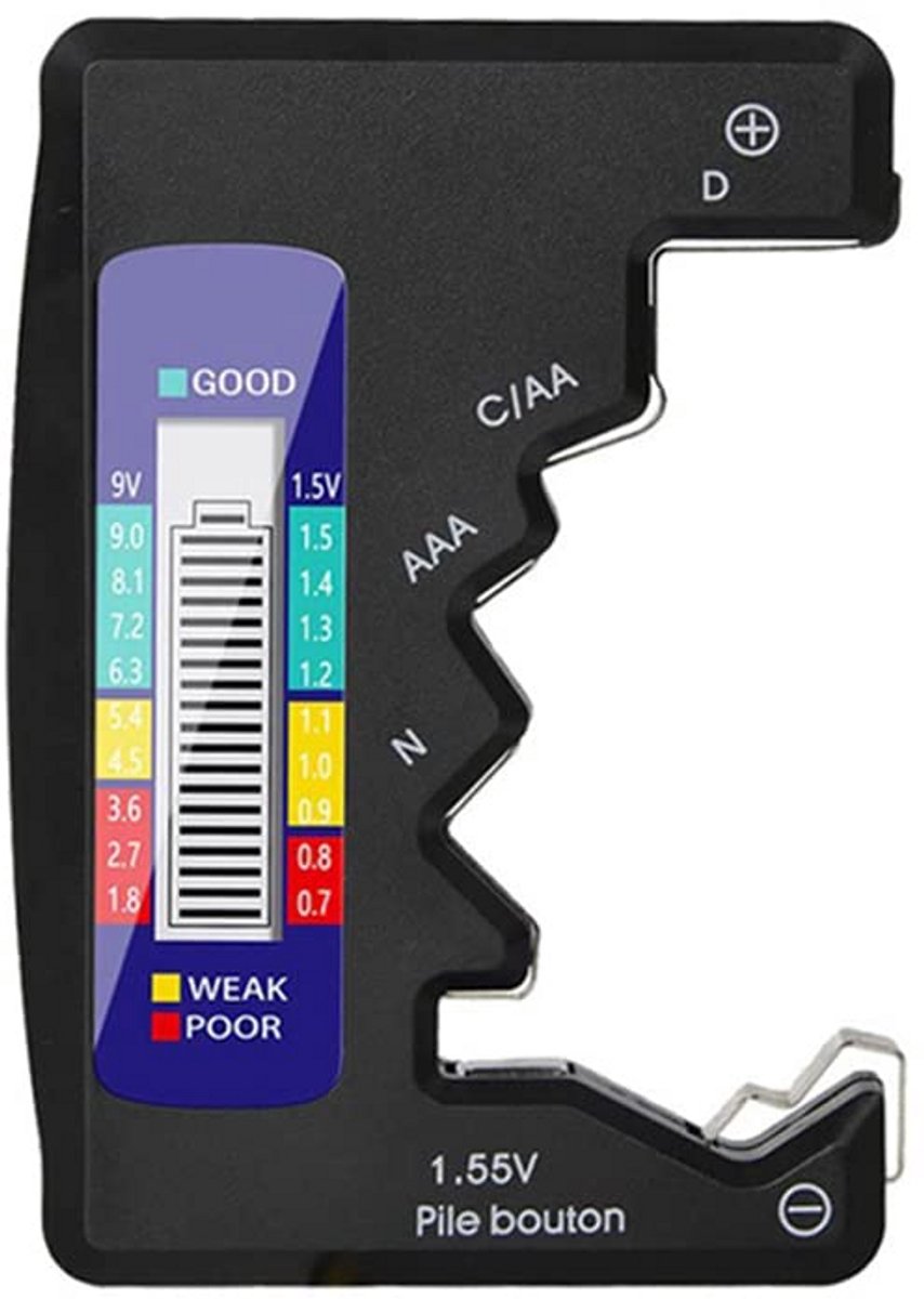 Universele digitale batterijtester, kleine batterijtester voor alle soorten batterijen: C, AA, AAA, DN, 9V, 6F22, 1,5V knoopcelbatterijen voor huishoudelijk gebruik (zwart)