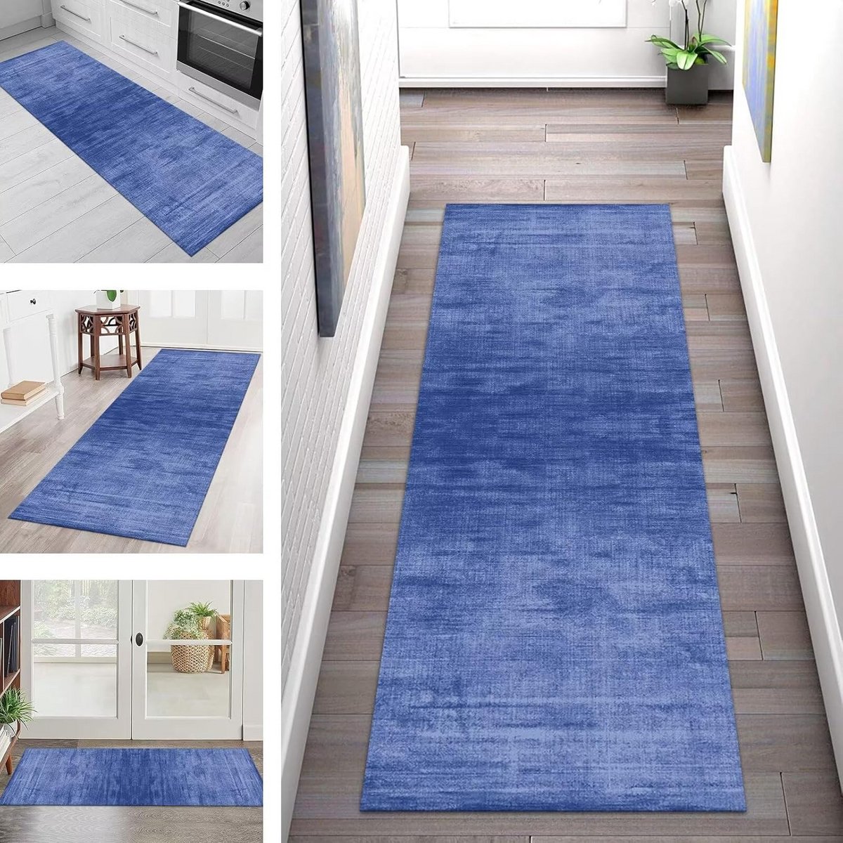 Anti-slip Rechthoekig Tapijt Loper Wasbaar 90x250CM Donkerblauw voor Hal, Keuken en Woonka