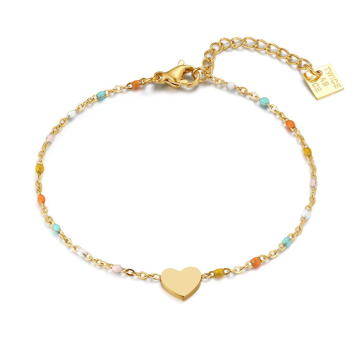 Twice As Nice Armband in edelstaal, hartje met kleurige kralen Goudkleurig 16cm+3cm