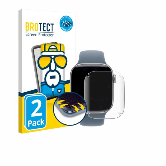 BROTECT screenprotector verpakking met Apple Watch, afbeelding poppetje en 2 stuks.
