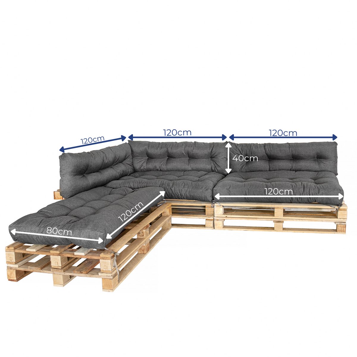 Palletkussenset 6-delig – 3x Zitkussen 120x80 + 3x Rugkussen 120x40 – Waterafstotend & UV-bestendig – Tuinkussen voor Palletbank Buiten & Binnen