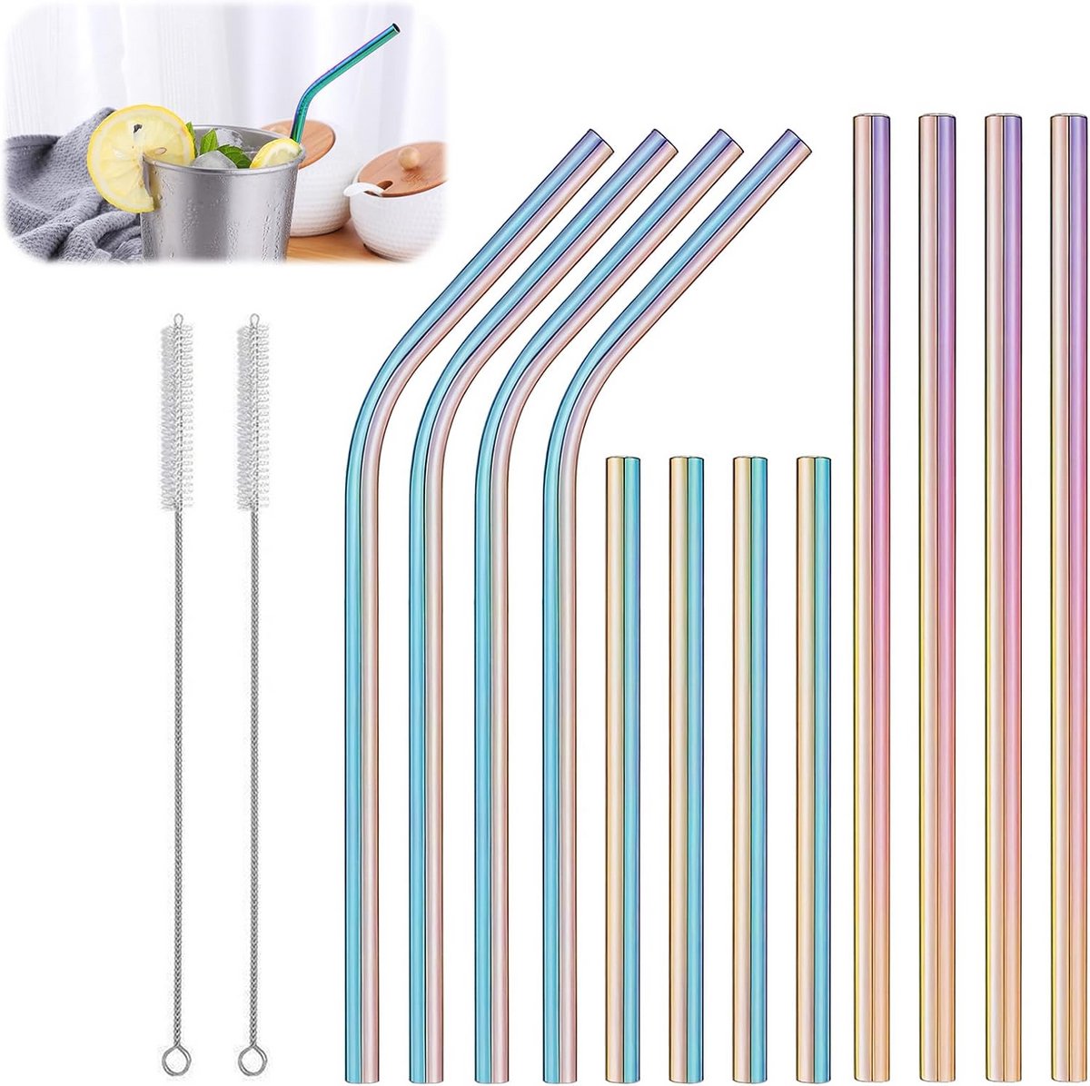 Set van 12 Herbruikbare RVS Rietjes - Inklapbaar & Inclusief Borstels