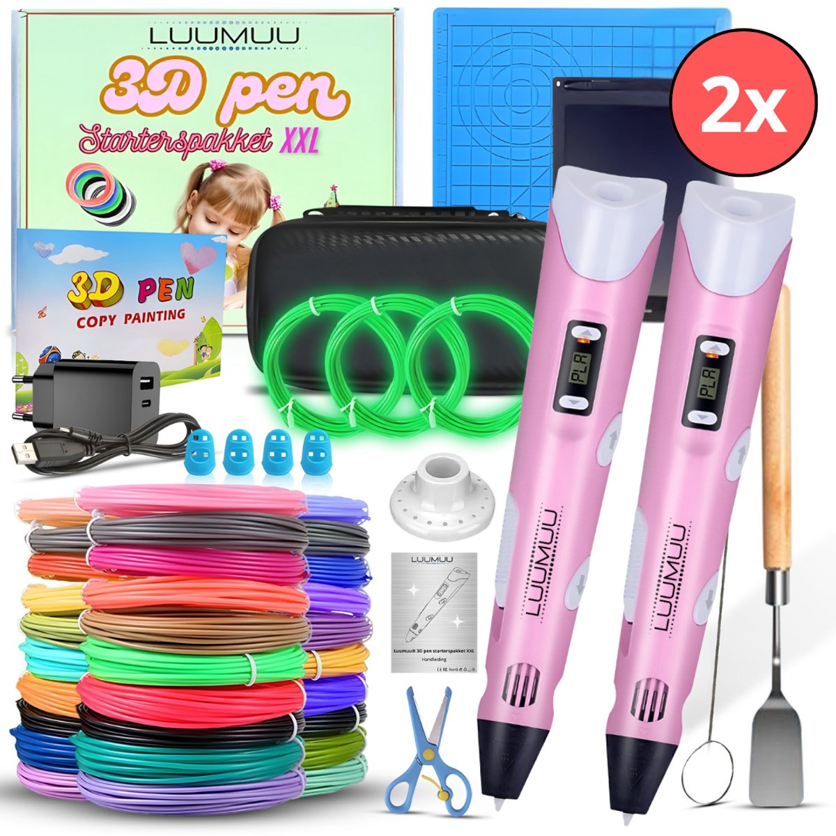 Luumuu® 3D Pen Starterspakket XXL Duo Set - 2 Roze 3D Printing Pennen - 3D Tekenen - Incl. 200m Filament Vullingen - Glow In The Dark - Tekenmat - Sjablonen Boek - Tekentablet - Voor Kinderen - Complete Set