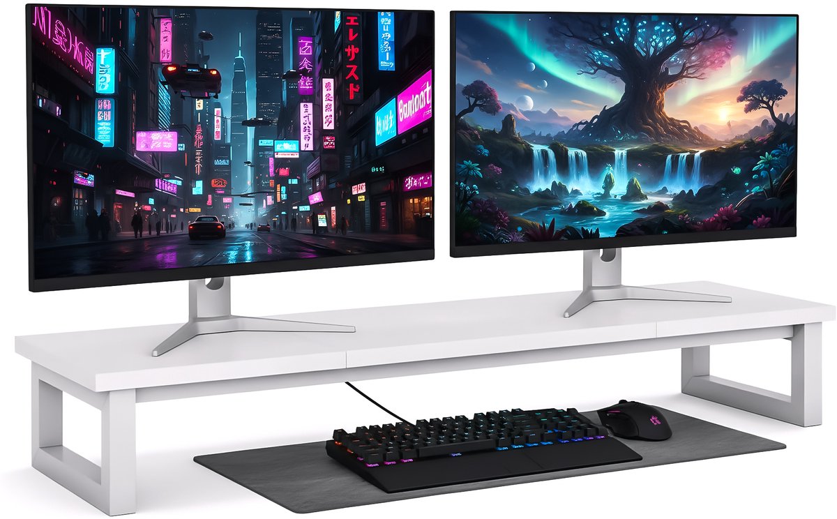Hervita Monitor Standaard 2 Schermen Wit - Hoge Kwaliteit - Extra Stabiel - Minimalistisch - Beeldscherm Verhoger - Monitor Verhoger 2 Schermen - 98 X 26 CM