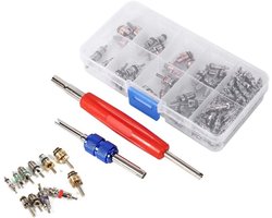 - Koeling Band Ventiel Cores Tool Kit - Assortiment A/C - 102 stks (100 Waarde + 2 Remover Tool) - Geschikt voor Koelingssystemen - R134a/R12 - Elastische band - Ventiel Verwijderaar - Ventieldopjes -