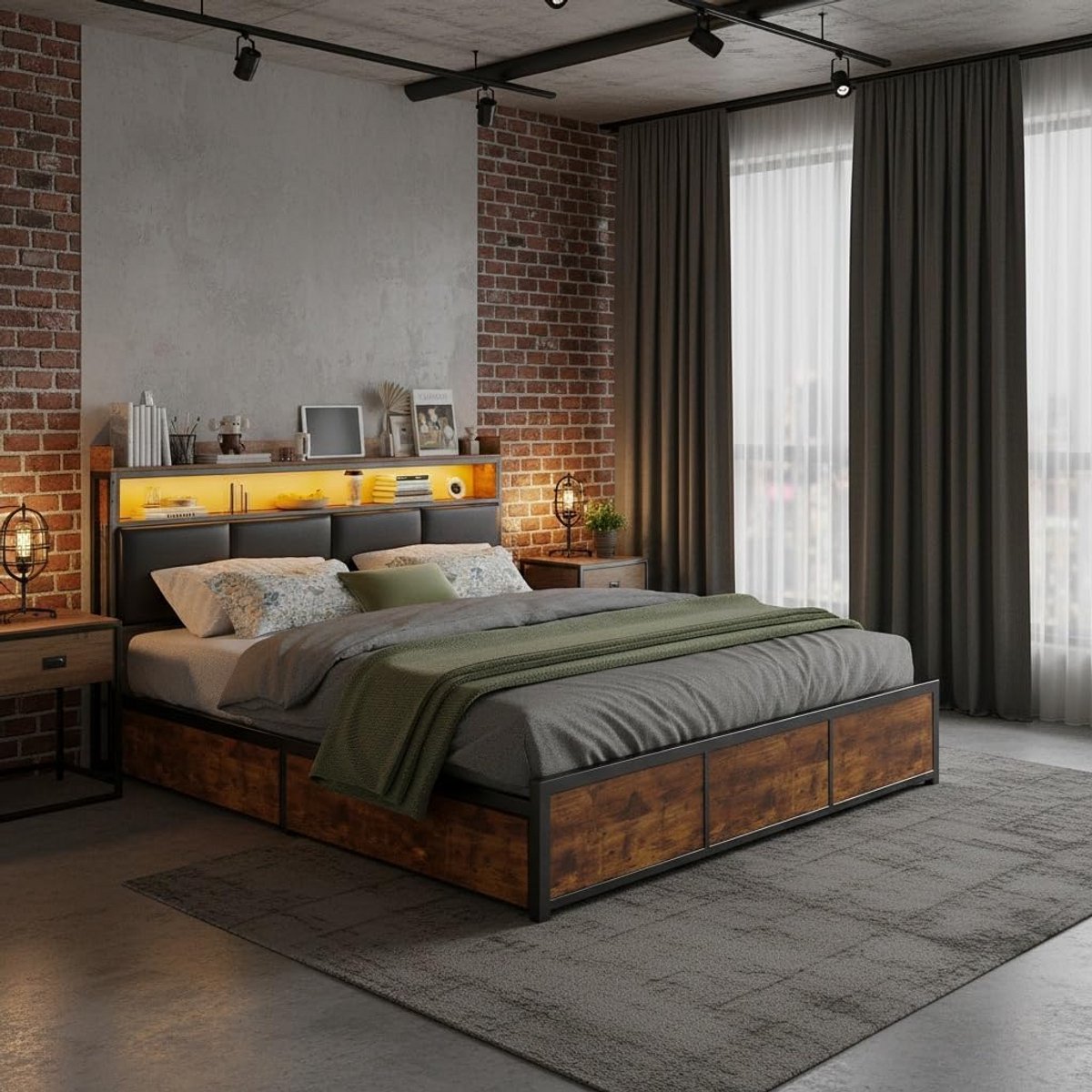 Tweepersoons Bed 180x200 cm met Ledverlichting, Opberglades en Lattenbodem