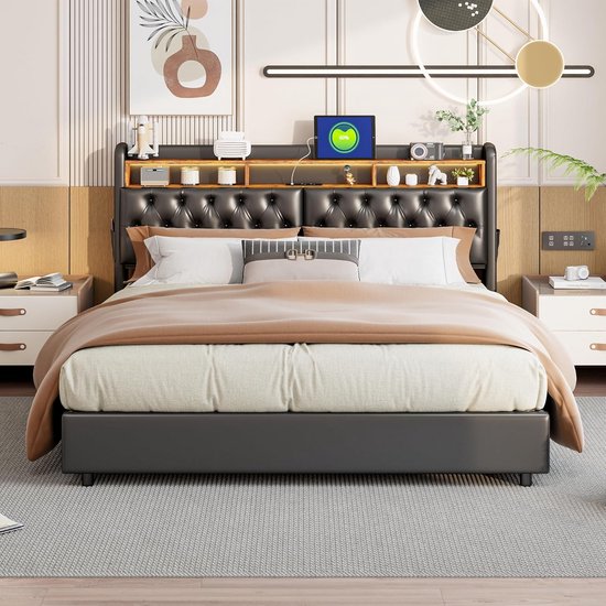 Tweepersoons Opbergbed 180x200 cm met Liftmechanisme en Lattenbodem - Gestoffeerd Grijs Bed met Hoofdeinde