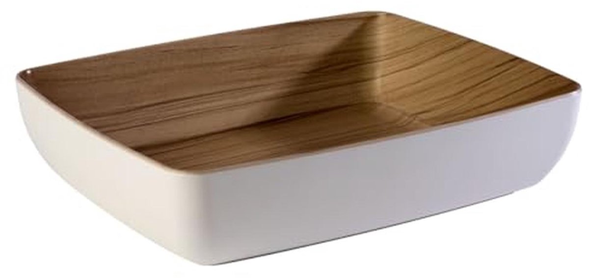 Melamine Serveerschaal GN 1/2 - Houtlook Binnenkant, Wit Buitenkant - 32.5x26.5 cm