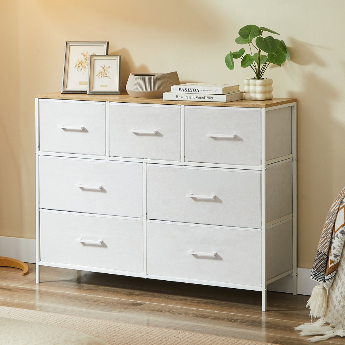 CASABEL ladekast met 7 laden, wit metalen frame en MDF-hout, opbergmeubel 100x30x75cm, praktisch en veelzijdig