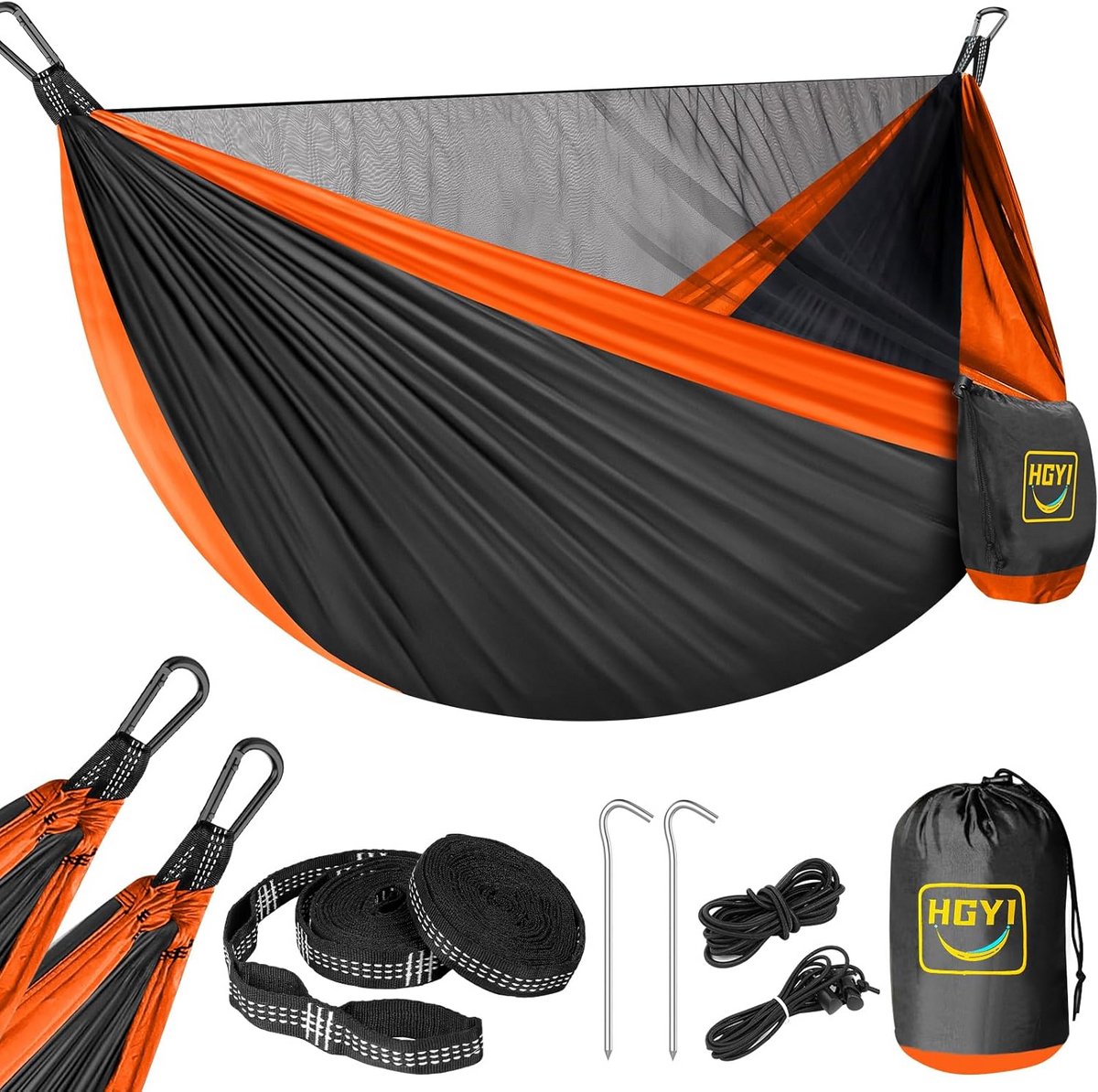 Draagbare Hangmat met Klamboe - Inclusief 3m Boomriemen - 226 kg - Geschikt voor Kamperen, Backpacken, Strand of Tuin - Zwart & Oranje