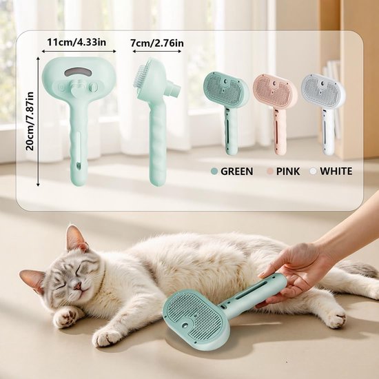 Lichtgroene, roze en witte stoomhondenborstels. Afmetingen worden getoond. Een witte kat wordt geborsteld door een hand met een groene borstel.