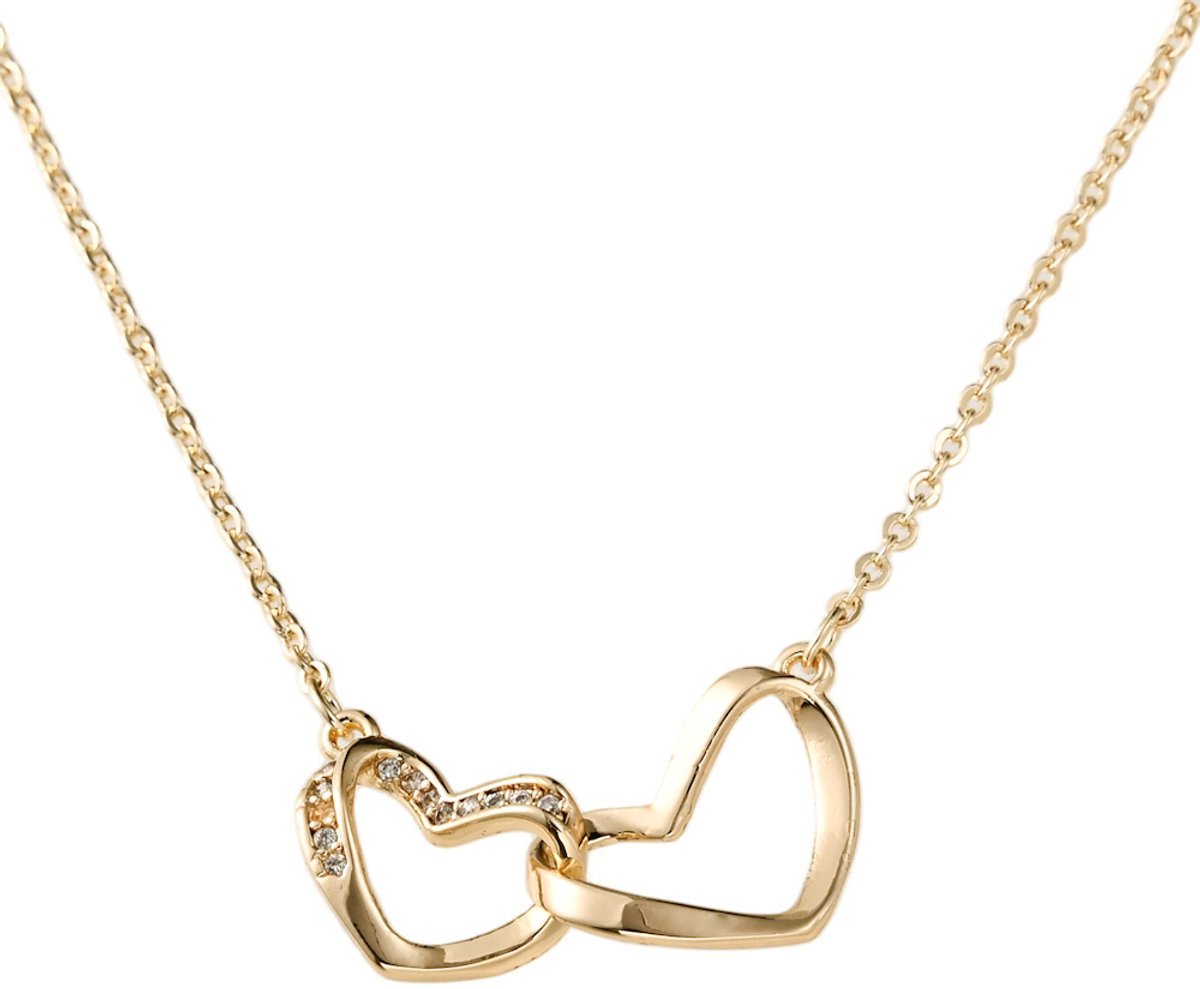 Decopatent - Halsketting Ketting Dames 2 Harten door Elkaar - Verbonden Hart - Schakelketting Verstelbaar van 40 tot 45 Cm - Nikkelvrij - Kettingen met bedel hanger vrouw - Elegant Cadeau - Goudkleurig