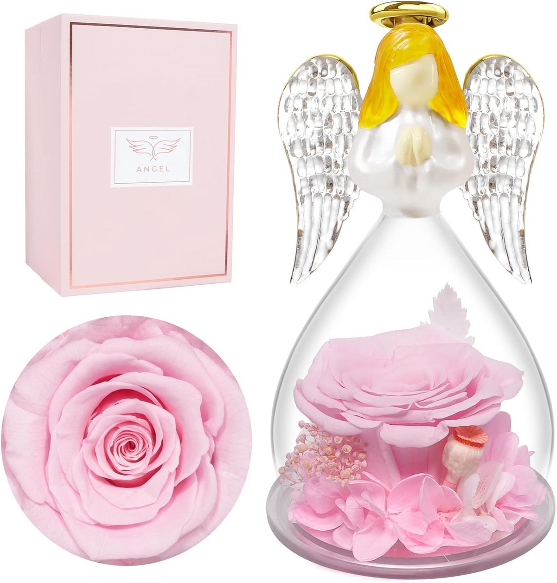 Eeuwige Roos in Glas met Engelfiguur Cadeau voor Moederdag en Verjaardag