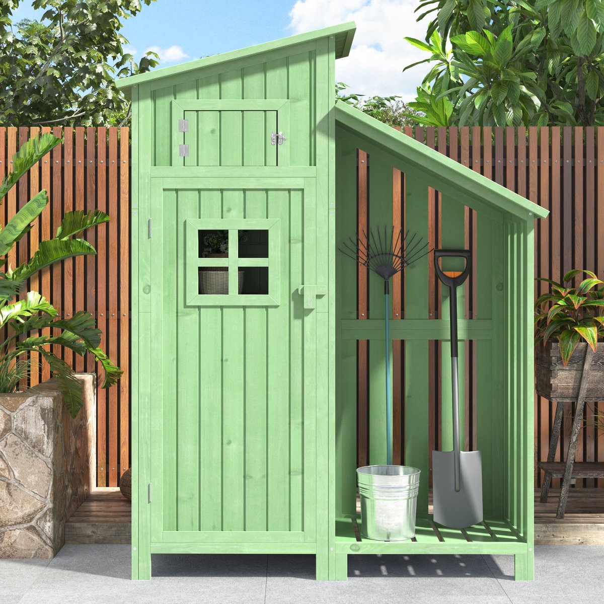 HAUSS SPOLE Gartenschrank Weerbestendig – 124x46x174 Cm – Massief Hout – Groen – Opbergkast Voor Tuin Terras Balkon – Met 2 Legplanken