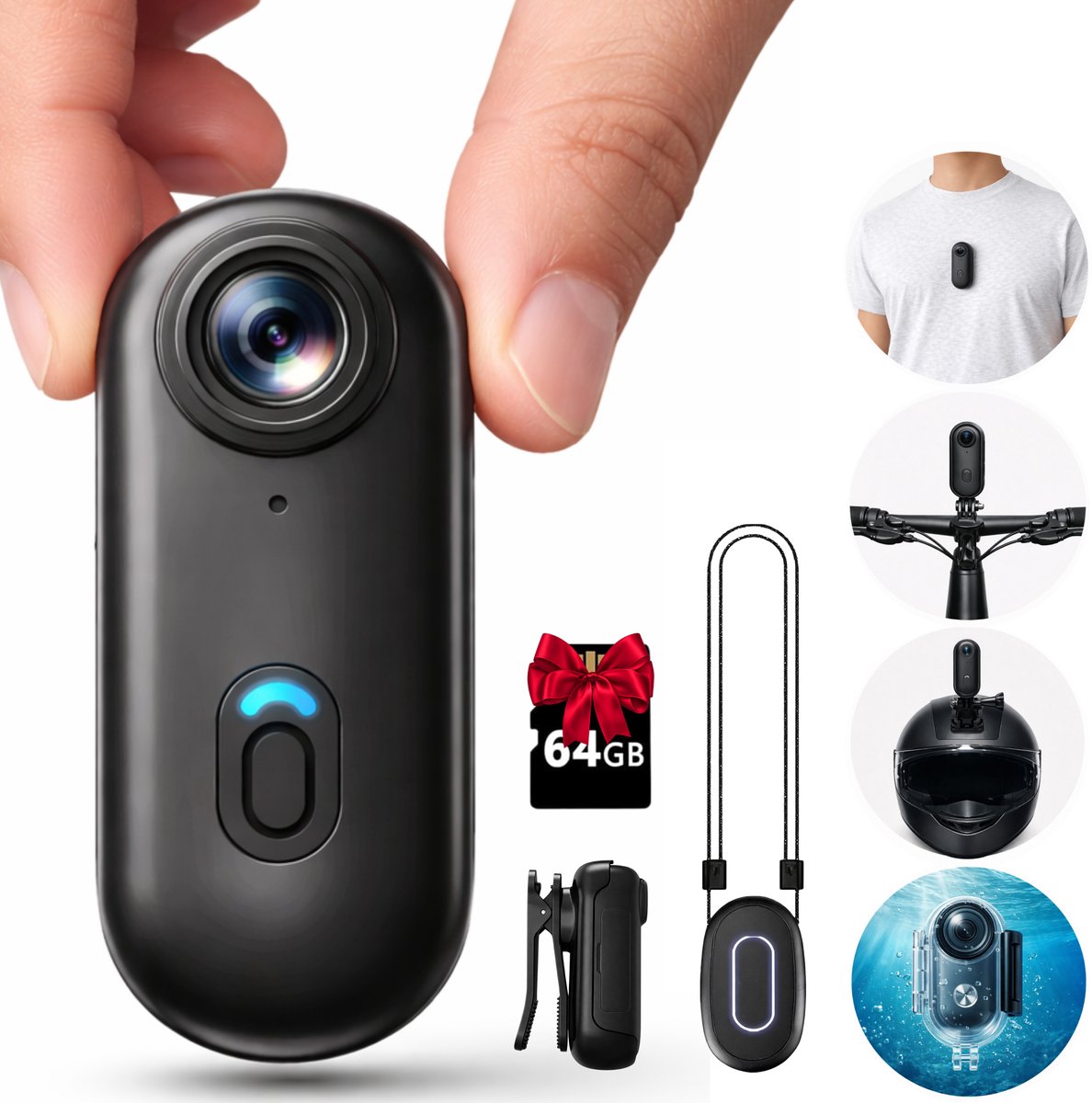 Seltrix® - Mini action camera - Body camera - Fiets camera - Ski camera - Thumb camera - Voetbal camera - POV camera - Inclusief 64GB SD kaart & uitgebreide accessoires