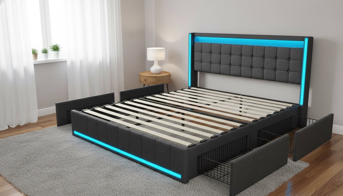 Gestoffeerd Tweepersoonsbed 140x200 cm met Opberglades – Casa Velluto Modern Linnen Bed Frame – Luxe Slaapkamer Bed met 4 Praktische Lades, Duurzame Houten Lattenbodem, Zonder Matras – Grijs C