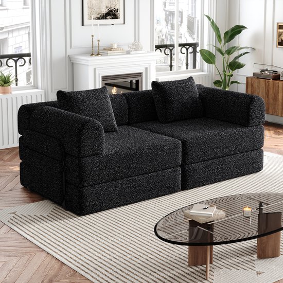 HAUSS SPOLE Canapé-lit – Canapé-lit modulaire bipartite – 2 en 1 avec compartiment de rangement des accoudoirs et cadre en acier – Pour salon et chambre d'amis – Chenille Noir
