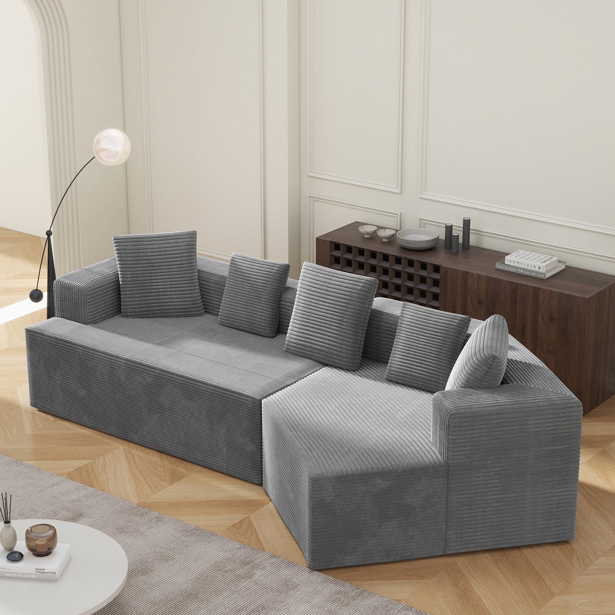 Volledig Gecomprimeerde, 3-Zits Bank, Frameloze Bank, 312 cm Breed, Comfortabele stof met Wolkdesign, Modulaire Bank, Volledig Gecomprimeerde Verpakking, geen Montage Nodig, Grijs